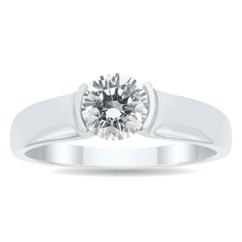 Marquee Certified 1 Carat Half Bezel Diamond Solitaire Ring in 10K White Gold