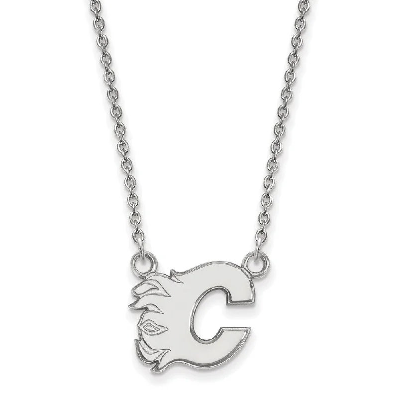 14k White Gold NHL Calgary Flames Small Necklace, 18 Inch