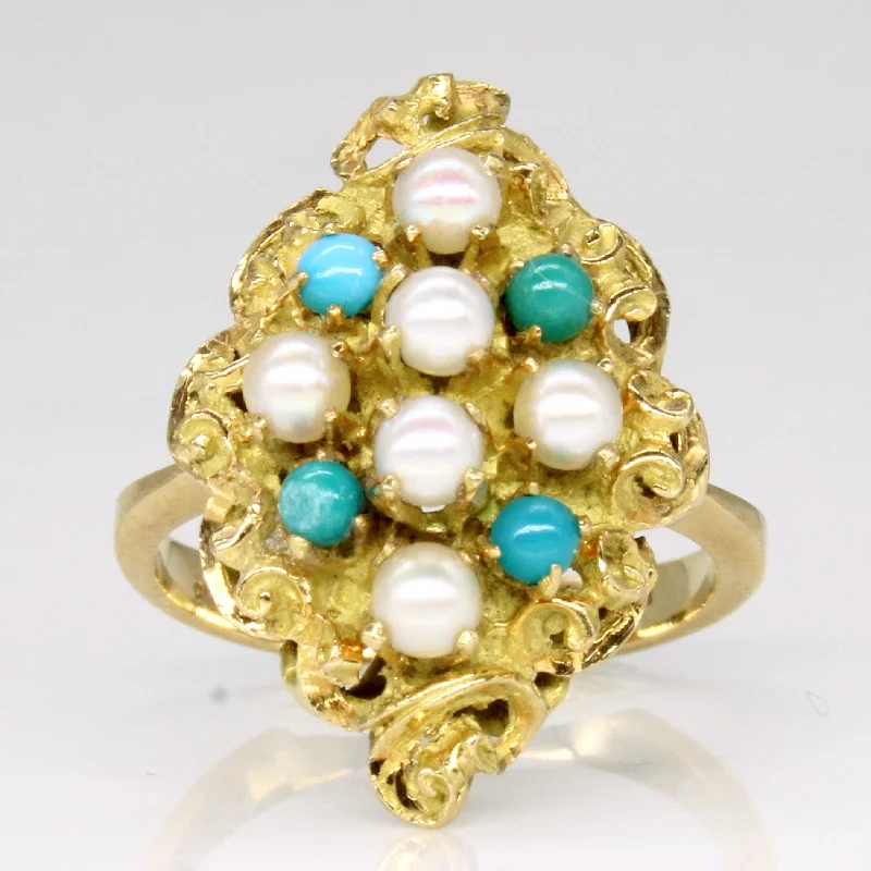 Turquoise & Pearl Cocktail Ring | 0.20ctw | SZ 5.5 |