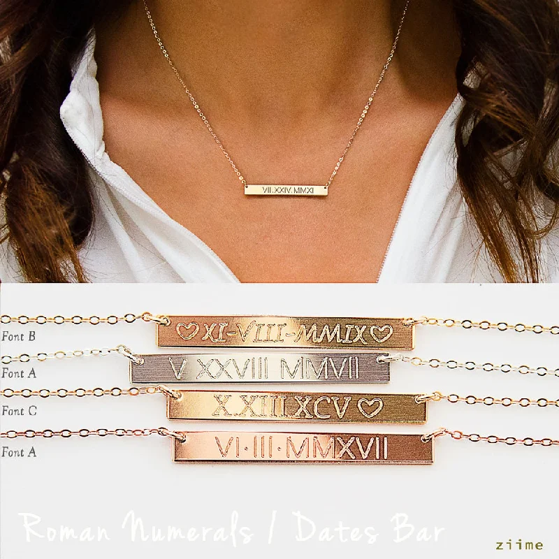 Roman Numerals Necklace, Roman Dates Bar Necklace, Custom Engraved Bar, Unisex, Gold Filled, Silver SN0003