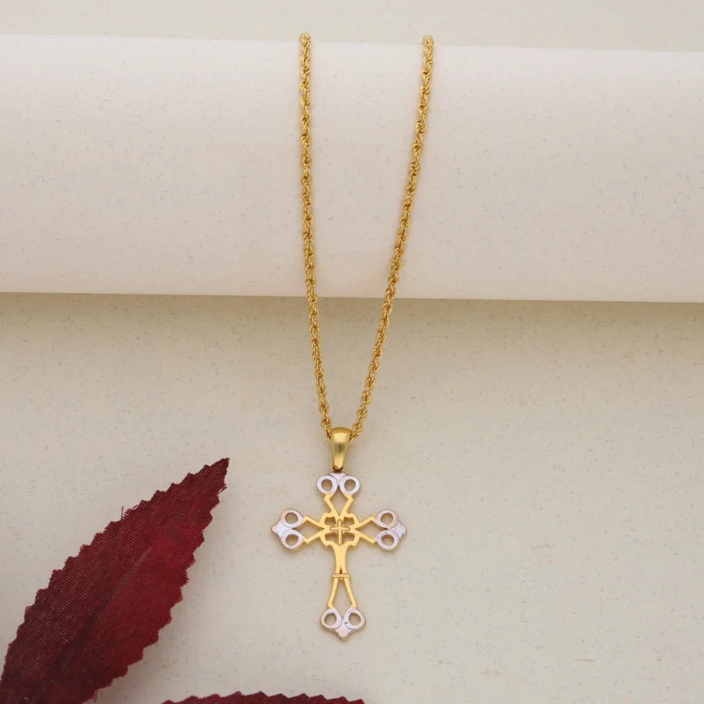 Gold Necklace (Chain With Dual Tone Gold Cross Pendant) 21KT - FKJNKL21K7574