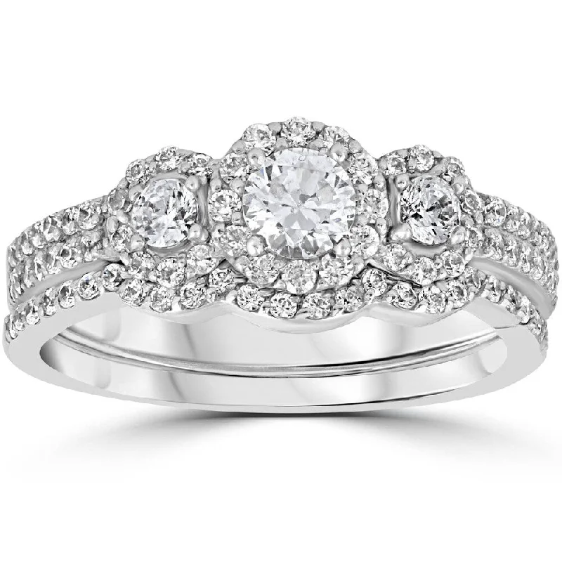 1.00CT 3-Stone Diamond Engagement Wedding Ring Set 10K White Gold