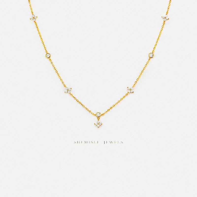 Dainty 4 Petal Flower CZ Necklace, Silver or Gold Plated  (16"+2") SHEMISLI - SN043