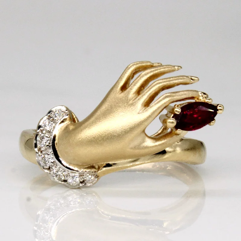 Ruby & Diamond Hand 14k Ring | 0.12ct, 0.04ctw | SZ 6.5 |