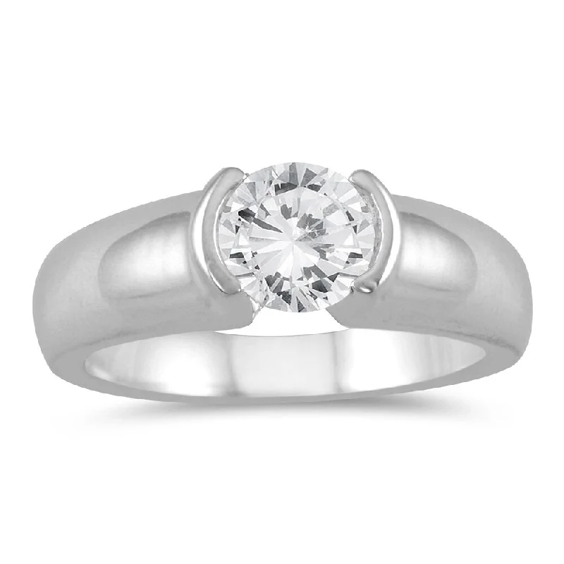 AGS Certified 3/4 Carat Half Bezel Diamond Solitaire Ring in 14K White Gold (J-K Color, I2-I3 Clarity)