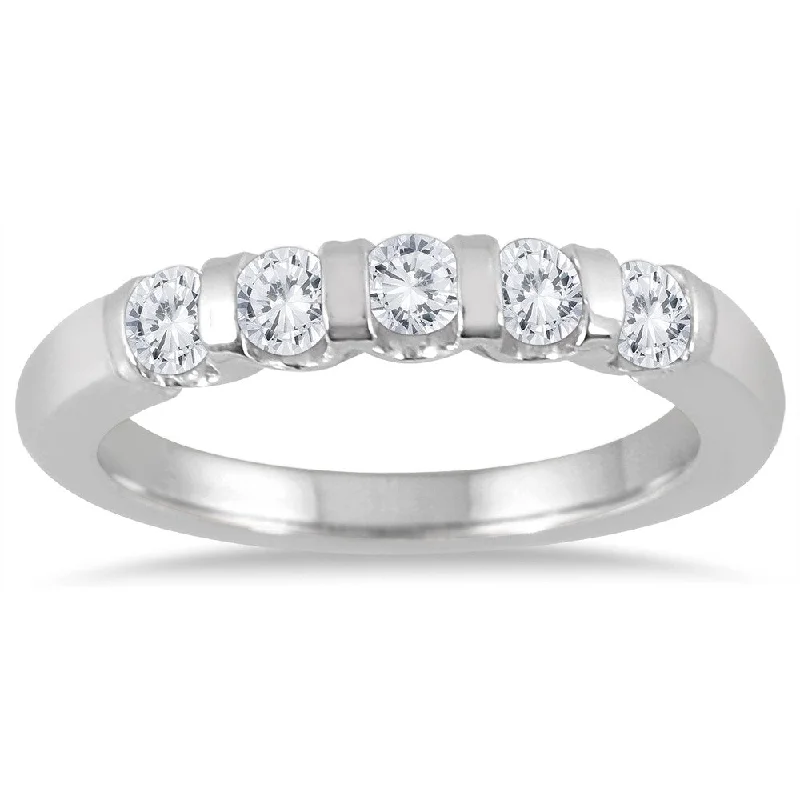 Marquee Jewels 14k White Gold 1/2ct TDW 5-stone Bar Set Diamond Wedding Band