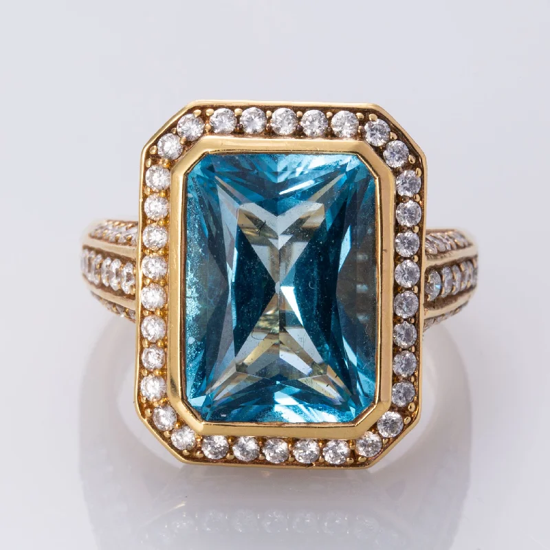 18K Yellow Gold Blue Topaz and Diamond Cocktail Ring | 8.18 ctw, 1.16 ctw | SZ 6 |