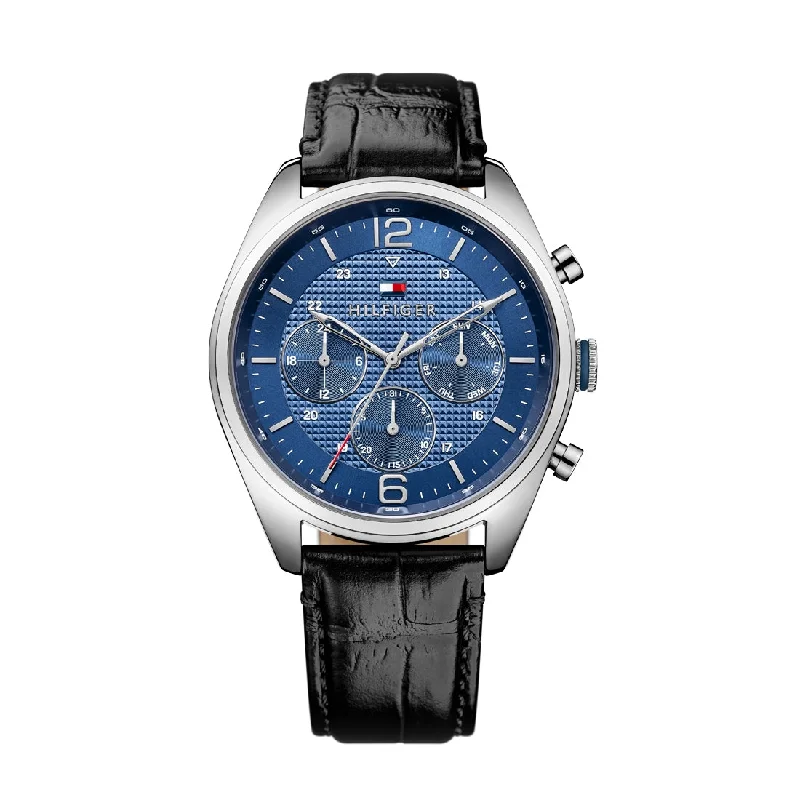 Tommy Hilfiger Black Leather Strap Blue Face Watch 1791182