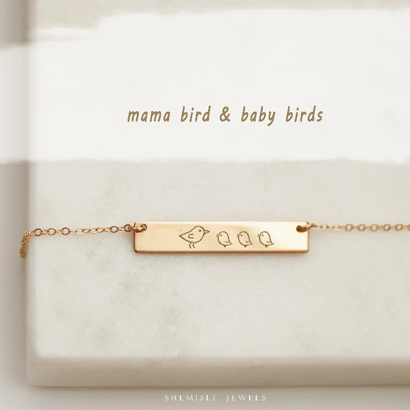 Mama Bird Baby Birds Bar Necklace, Customized Push Present, Gift For Mothers, Wife, Grandma, Unisex, Gold Filled, Silver • NBH30X5-06