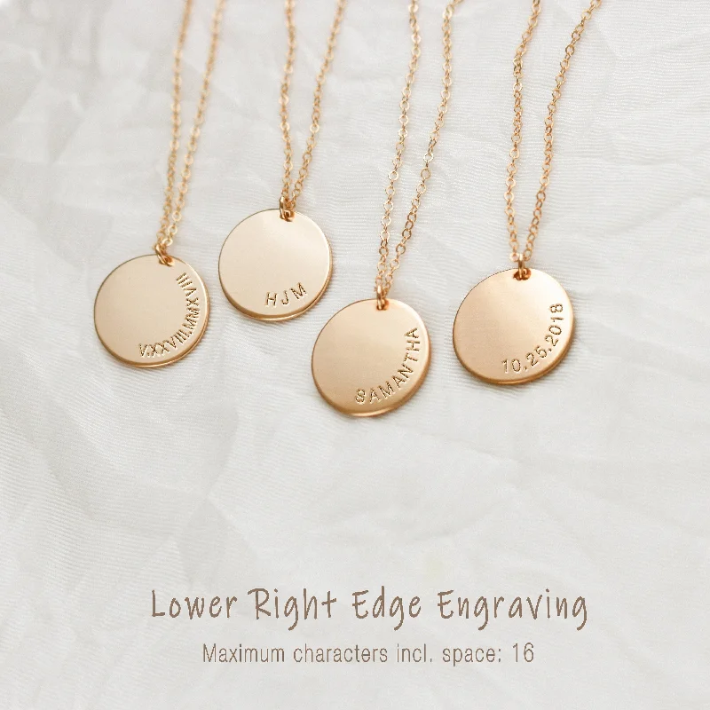 Personalized Large Disk Necklace, Custom Inscription With Name, Initial, Date, Roman Numeral, Unisex, Gold Filled, Silver • NDV16-07