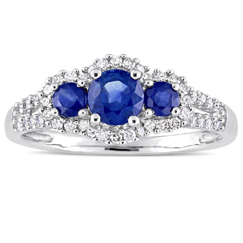 Miadora Signature Collection 10k White Gold Sapphire and 1/4ct TDW Diamond 3-Stone Halo Engagement R - Blue