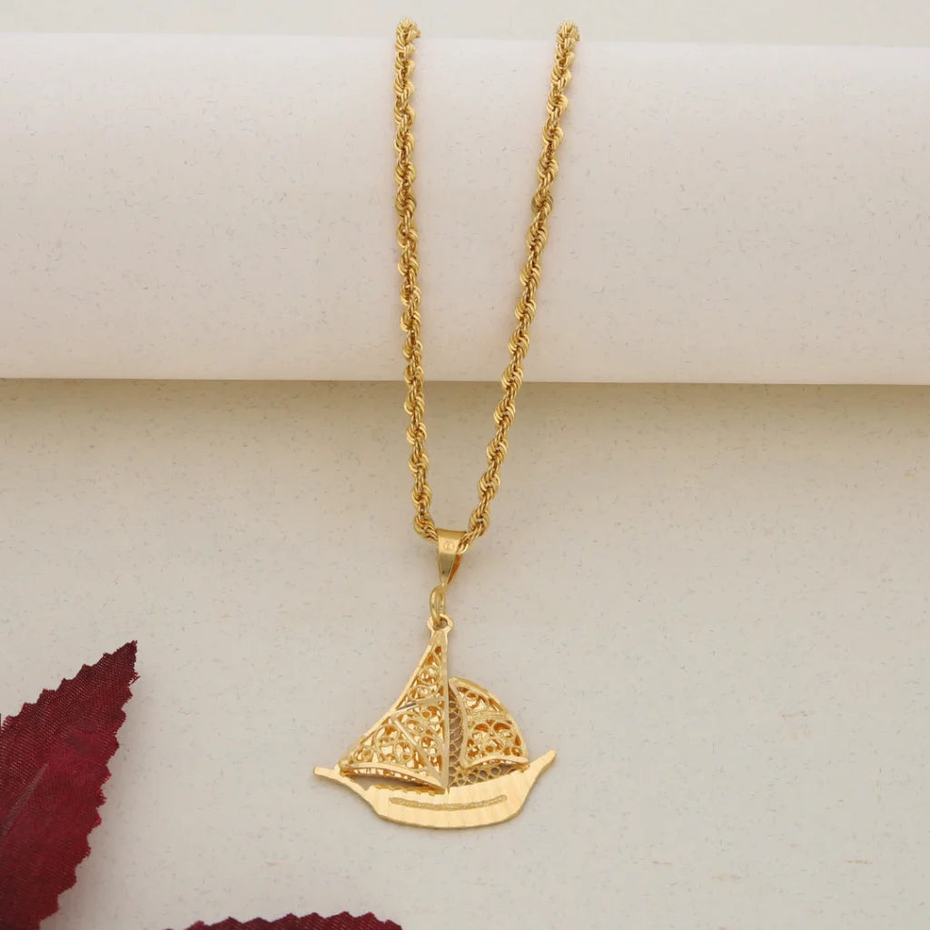 Gold Necklace (Chain With Gold Boat Shaped Pendant) 21KT - FKJNKL21K7571