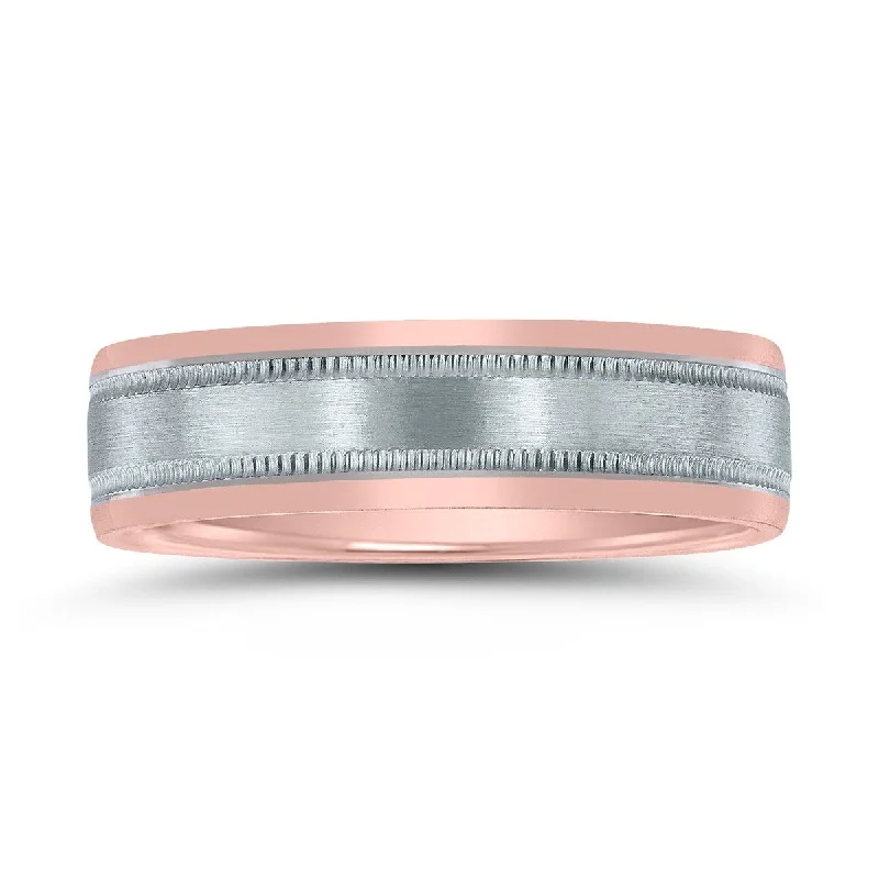 Men's 6mm Wedding Band with Milgrain in Two Tone 10K White and Rose Gold