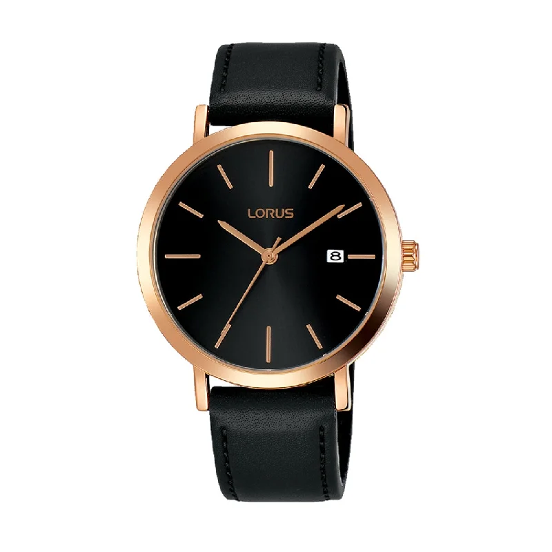 Lorus Men's Rose Gold Black Leather Watch RH934JX-9