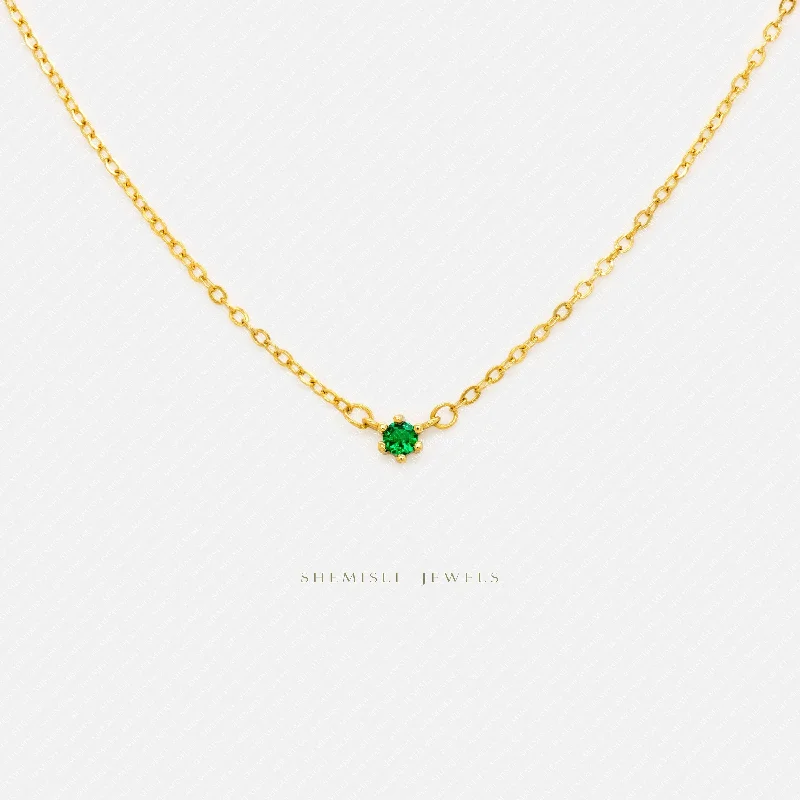 Tiny Emerald Stone Necklace, Unisex, Gold, Silver  (14.5"+2.5") SHEMISLI - SN006