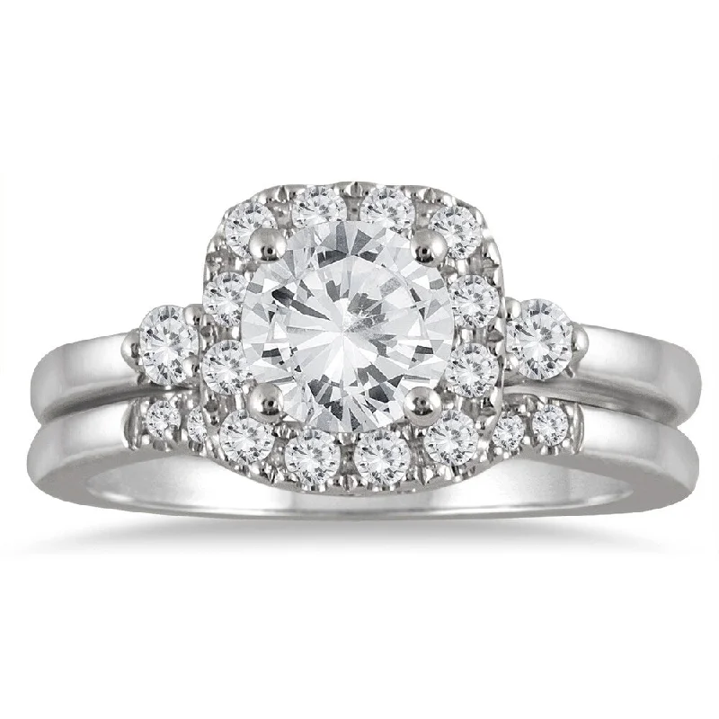 AGS Certified 1 3/5 Carat TW Diamond Halo Engagement Bridal Set in 14K White Gold (J-K Color, I2-I3 Clarity)