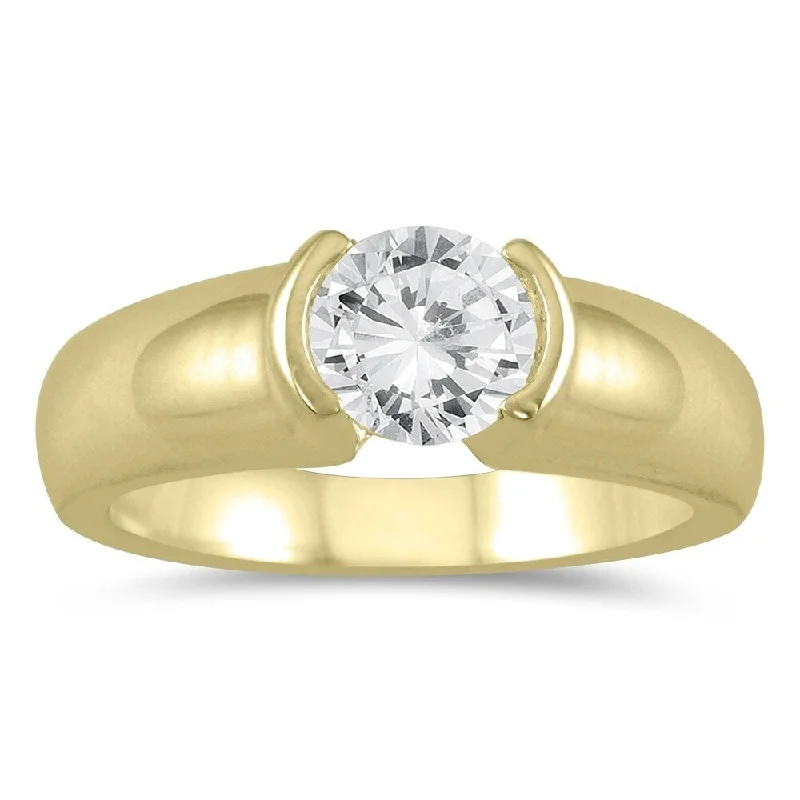 AGS Certified 3/4 Carat Half Bezel Diamond Solitaire Ring in 14K Yellow Gold (J-K Color, I2-I3 Clarity)