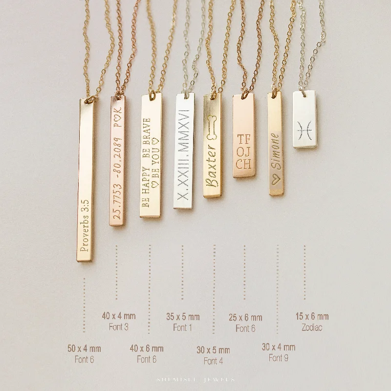 Personalized Bar Necklace, Long Layered Name, Date, Unique Engraved Birthday Gift,  Unisex, Gold Filled, Silver • NBV-01