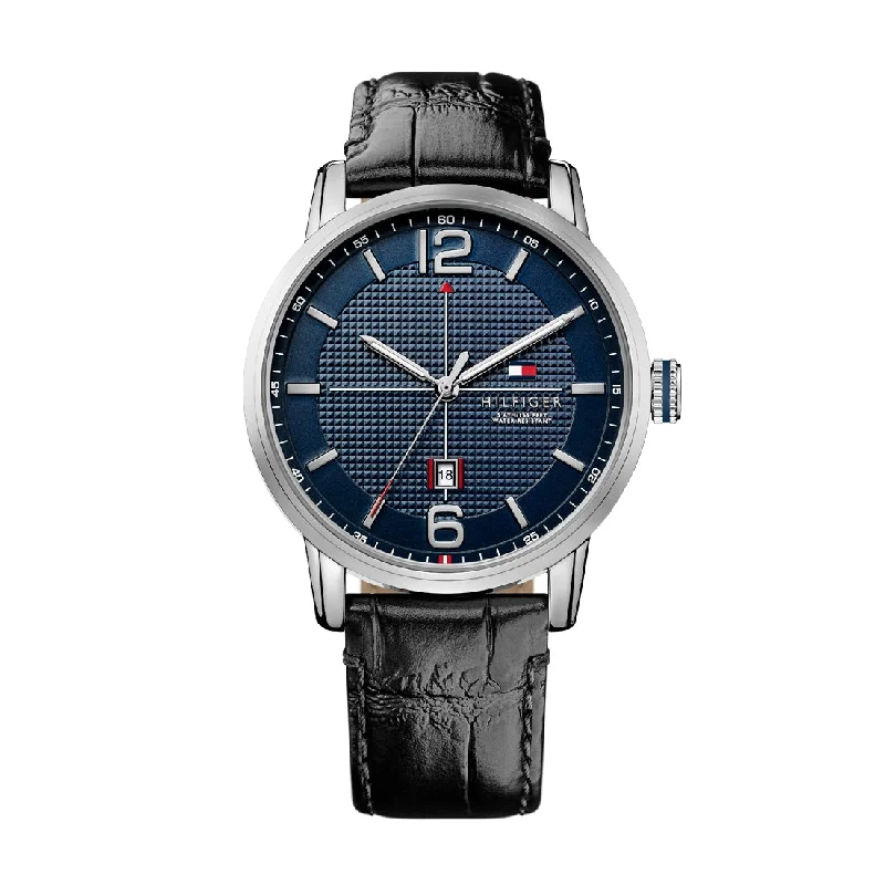 Tommy Hilfiger George Black Leather Blue Face Watch 1791216