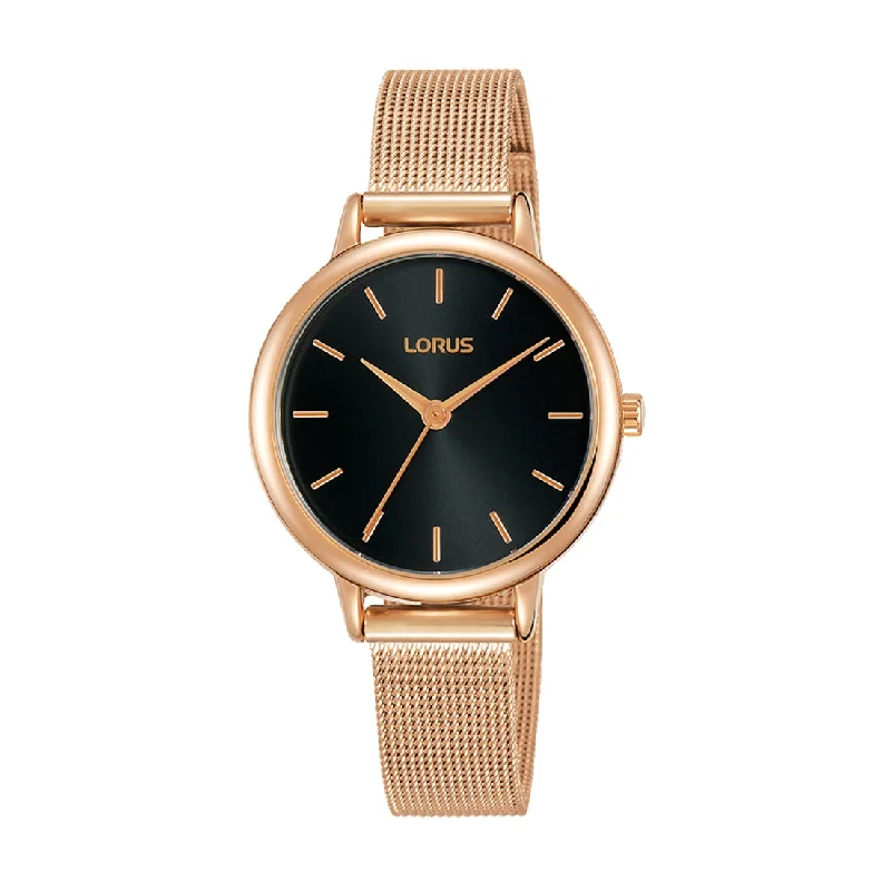 Lorus Ladies Black & Rose Gold Mesh Watch Model RG242NX-8