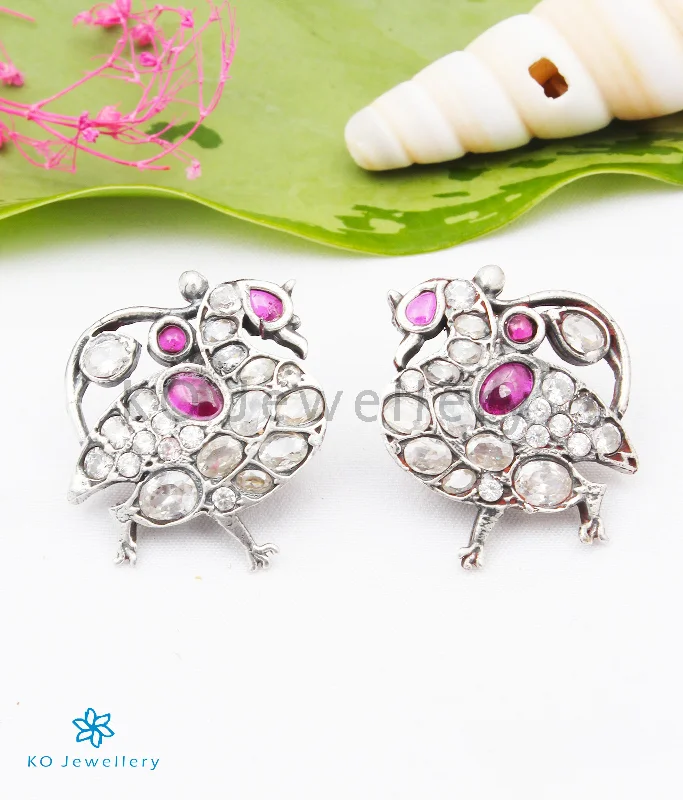 The Shreya Silver Peacock Earstuds(White/Red)