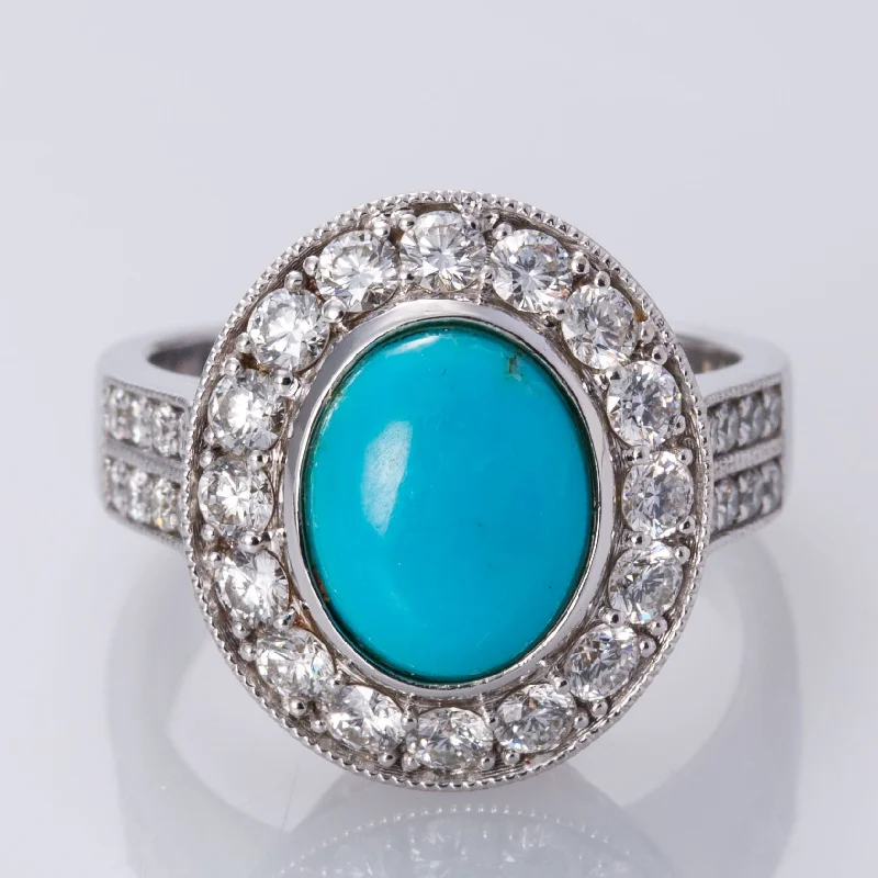 14K Turquoise and Diamond Halo Ring | 10 x 8mm, 1.08 ctw | SZ 6.75 |