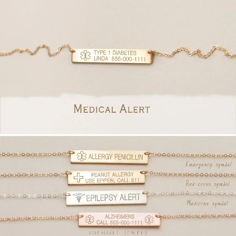 Medical Alert Necklace, Medical Id Jewelry, Assistance On Nut Allergy, Type 1 Diabetes, Alzheimer,Unisex, Gold Filled, Silver • NBH40X6-04