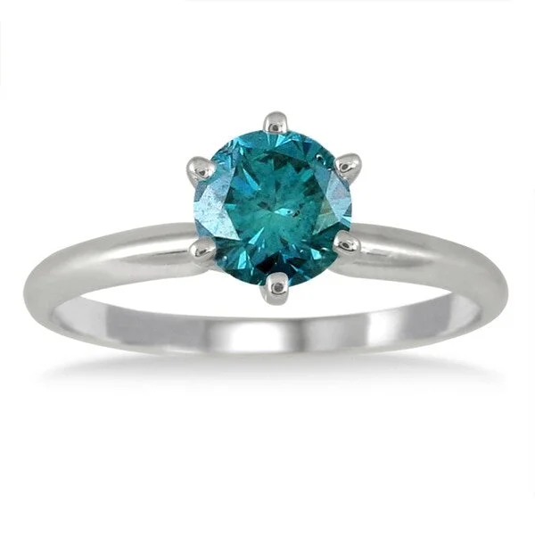 3/4 Carat Round Blue Diamond Solitaire Ring in 14k White Gold