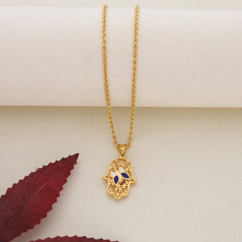 Gold Necklace (Chain With Gold Hamsa Pendant with Butterfly) 21KT - FKJNKL21K7588