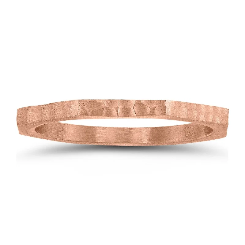 Thin 1.5MM Eight Sided Octagon Hammered Finish Wedding Band in 14K Rose Gold