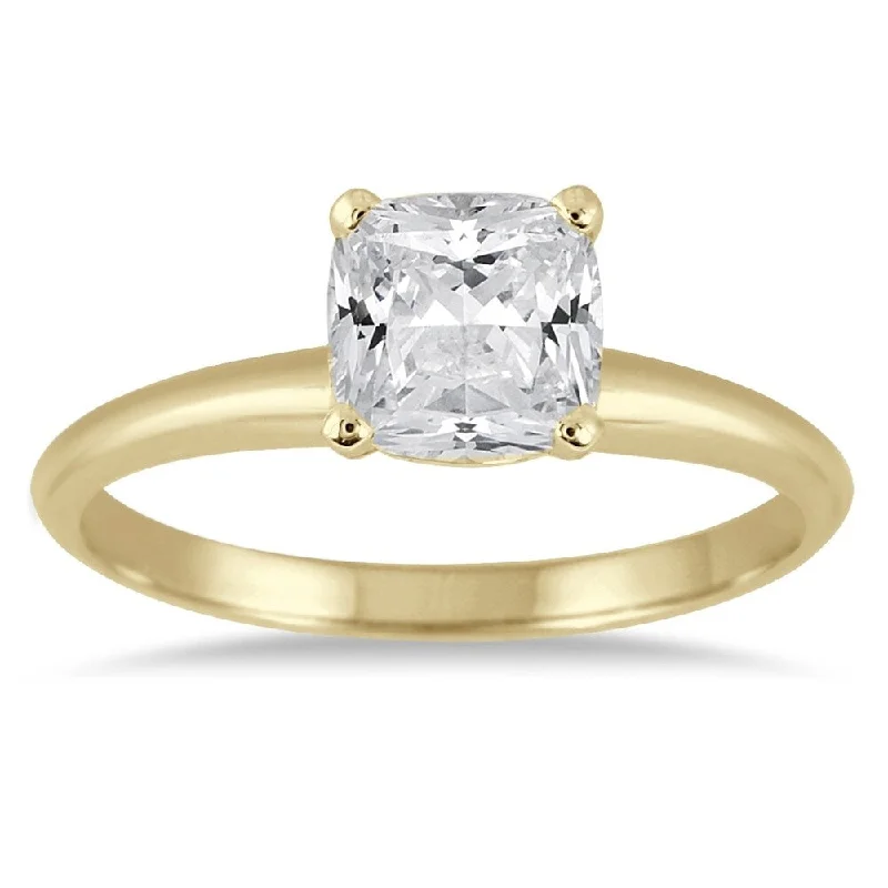 1 Carat Cushion Cut Diamond Solitaire Ring in 14K Yellow Gold