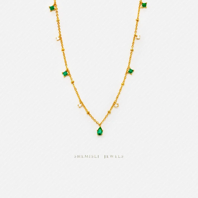 Tiny Emerald and White Stone Necklace, Silver or Gold Plated, 17.5" SHEMISLI - SN034