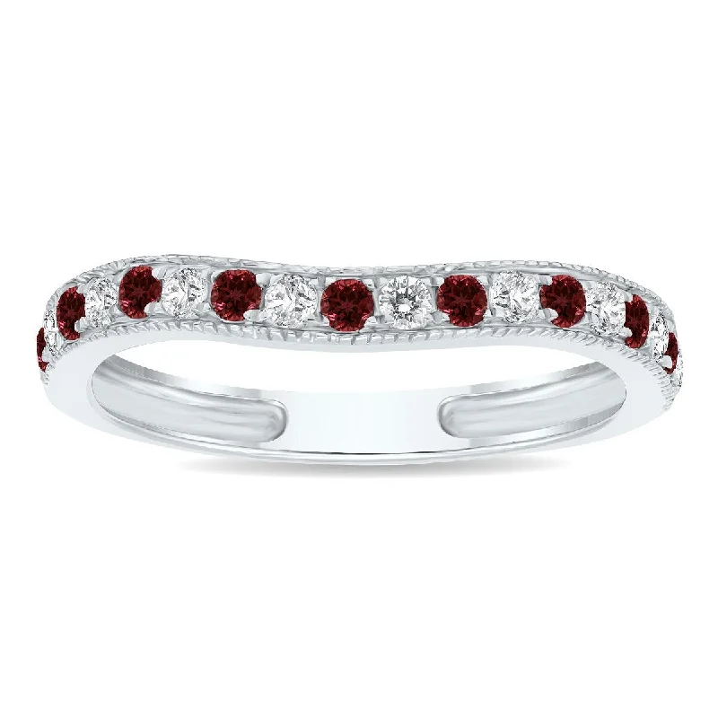 Garnet and Diamond Channel Set Wedding Band in 10K White Gold