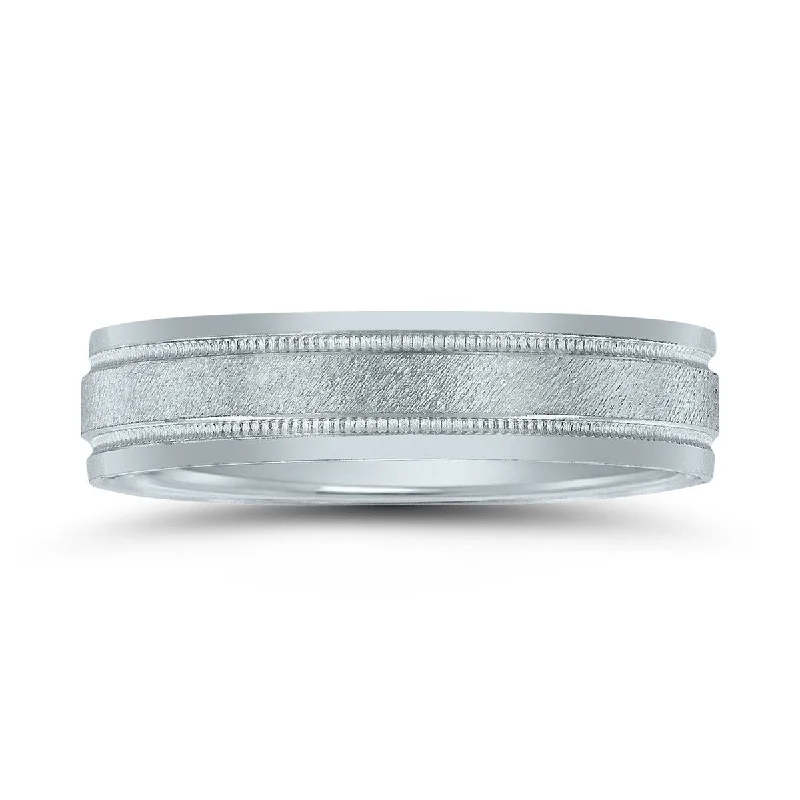 Men's 5mm Wedding Band with Stone Center Finish and Milgrain in 10K White Gold