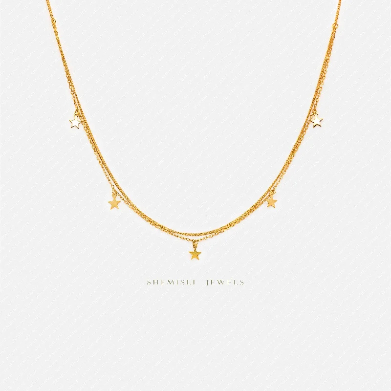 Double Strand Tiny Star Necklace, Silver or Gold Plated  (15.75"+1.25") SHEMISLI - SN023