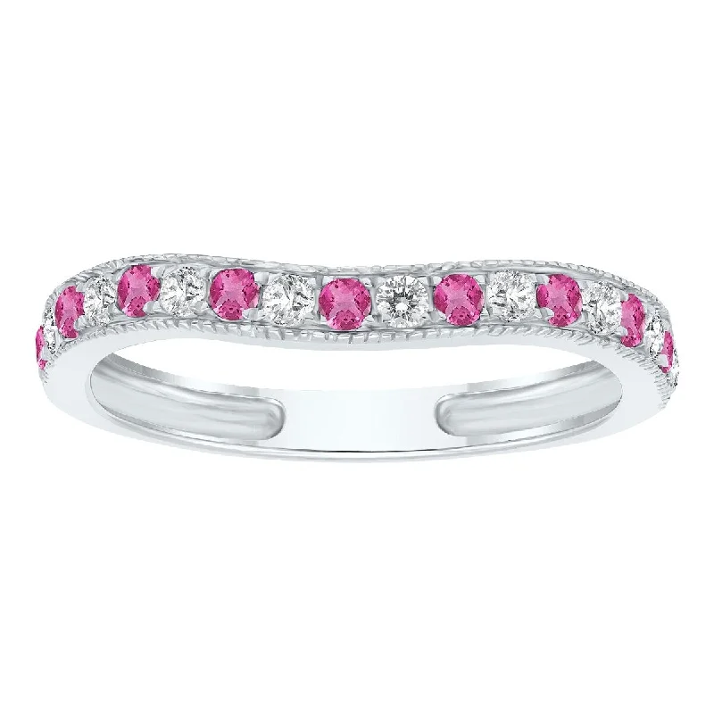 Pink Topaz and Diamond Channel Set Wedding Band in 10K White Gold