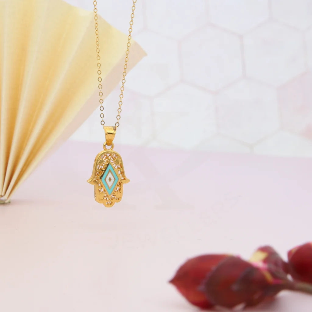 Gold Necklace (Chain with Turquoise Hamsa Hand Pendant) 21KT - FKJNKL21KM8045